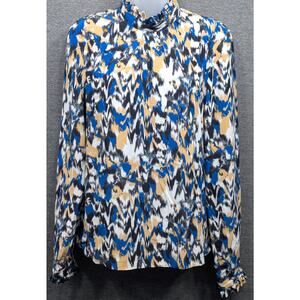 H&M Womens Blouse - Blue/Gold, 100% Silk, Long Sleeve, Ruffle Cuffs and Neck, 8